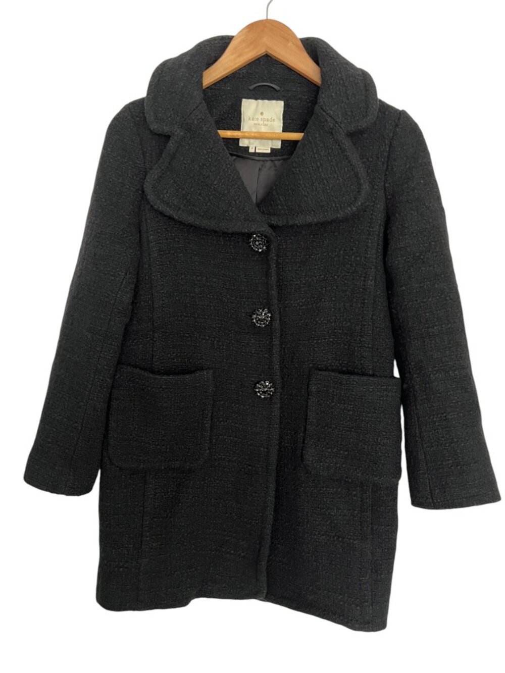 Kate Spade New York Black Jewel Button Boucle Coat, 8